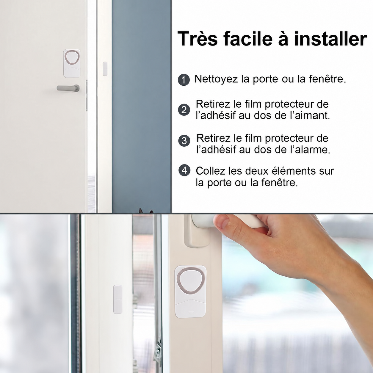 Installation facile : nettoyez la surface, retirez les films protecteurs et collez les deux éléments