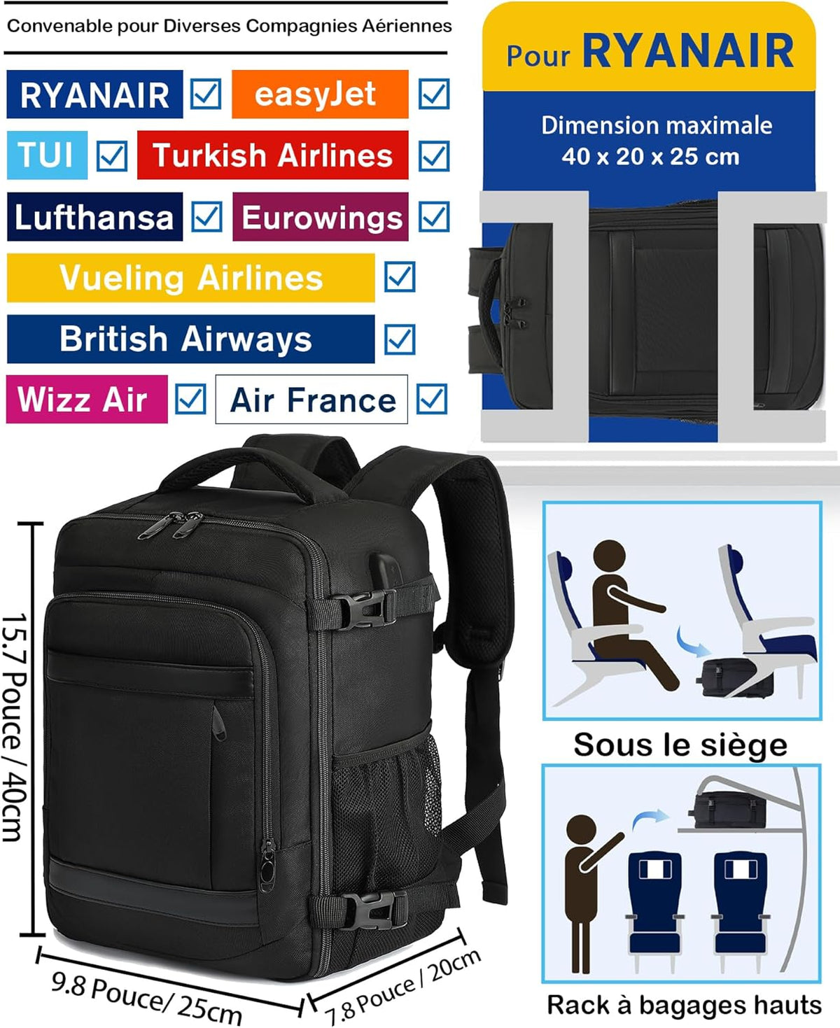 Vue 3 du sac à dos cabine